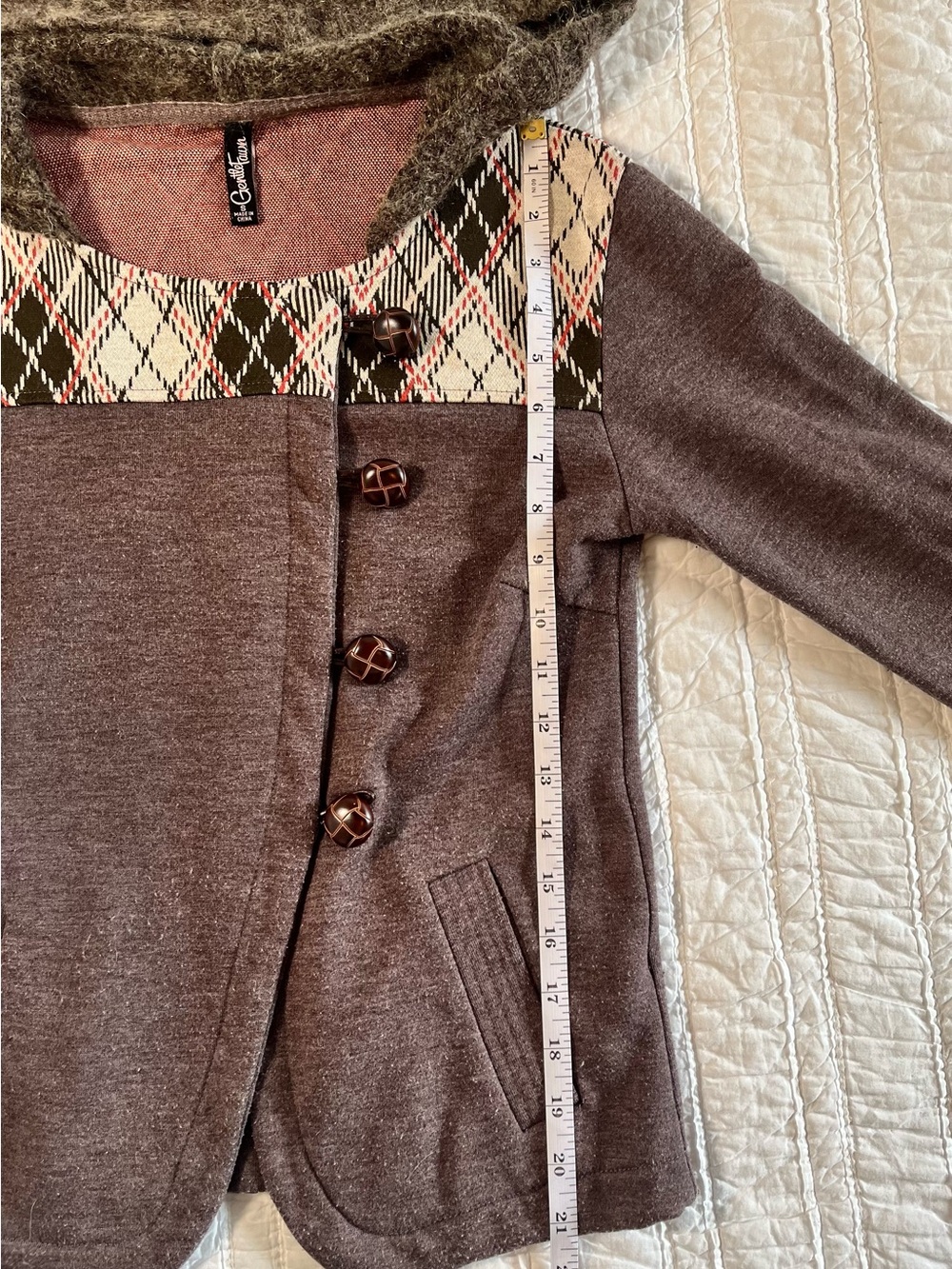 Gentle Fawn Brown Plaid Asymmetrical Button Hooded Jacket Size S Retro Mod - Picture 5 of 7